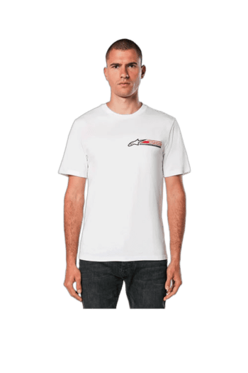 Male model wearing Grand Prix Racewear white T-shirt with logo, front view, on a plain background.