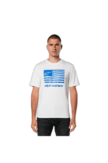 Young man wearing a white Grand Prix Racewear T-shirt with blue graphics, standing against a plain background.