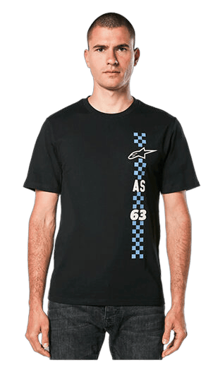 Young man wearing Grand Prix Racewear T-shirt with checkered flag design, promoting motorsport apparel and racing merchandise.