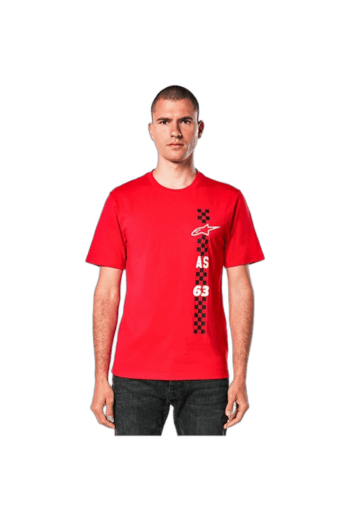 Male model wearing red Grand Prix Racewear T-shirt with racing graphics and logo, standing against a white background.