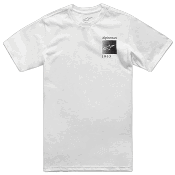 White Grand Prix Racewear T-shirt with Alpinestars logo and 1963 text, ideal for motorsport enthusiasts.