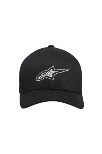 Black Alpinestars racing cap with white logo, designed for motorsport enthusiasts and racewear fans.