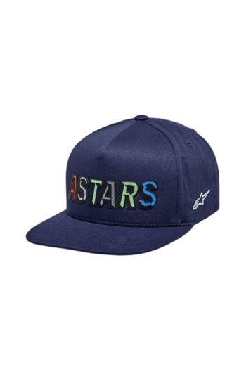 Blue baseball cap with 'ASTARS' embroidered in multicoloured letters, featuring a curved brim and Alpinestars logo on the side.