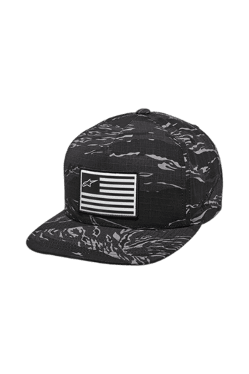 Black camouflage cap with American flag patch, ideal for motorsport enthusiasts, featuring a flat brim and adjustable strap.