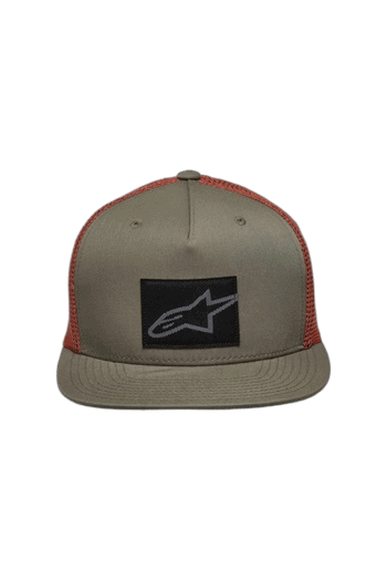 Alpinestars racing cap with grey front panel, black logo, and red mesh back, designed for motorsport enthusiasts.