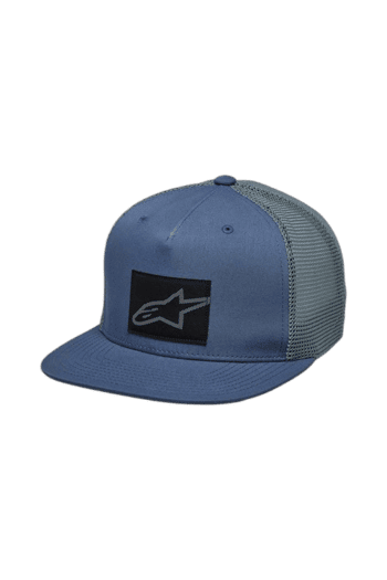 Blue and grey Grand Prix Racewear trucker cap with Alpinestars logo, ideal for motorsport enthusiasts.