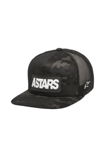 Black Astars cap with camouflage pattern and mesh back, ideal for motorsport enthusiasts and racewear fans.