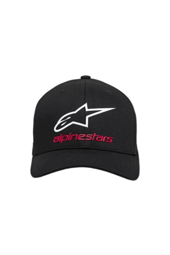 Black Alpinestars cap with white logo and red text, ideal for motorsport enthusiasts.