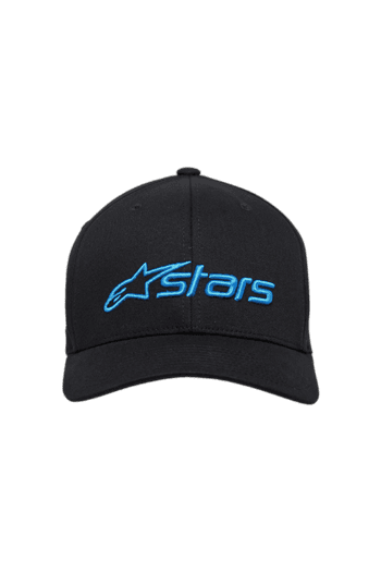 Black cap with blue 'Alpinestars' logo, ideal for motorsport enthusiasts and racing fans.