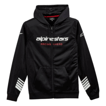 Black Alpine Stars racing hoodie with logo and racing design, ideal for motorsport enthusiasts and racewear fans.