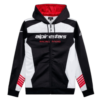 Alpine Stars racing hoodie with black, white, and red design, featuring logo and racing theme, ideal for motorsport enthusiasts.