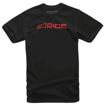 Black racewear T-shirt with red 'RIDE' logo, designed for motorsport enthusiasts and racers, featuring high-quality fabric and comfortable fit.