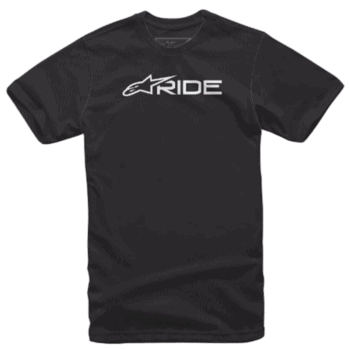 Black racewear T-shirt with Alpinestars Ride logo, designed for motorsport enthusiasts and racers.