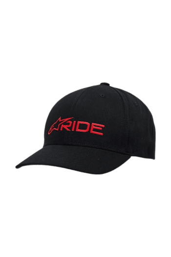 Black racing cap with red 'RIDE' logo, designed for motorsport enthusiasts and racewear fans.