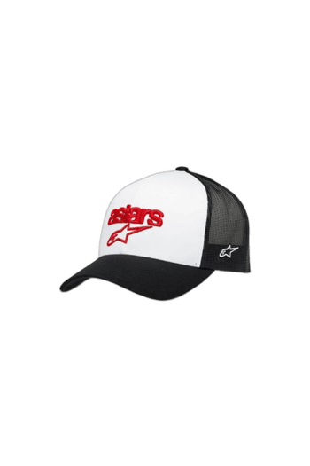 Asper's racing cap with black and white panels and red logo, ideal for motorsport enthusiasts and racewear fans.