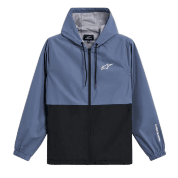 Blue and black racing jacket with hood, featuring Alpinestars logo, designed for motorsport enthusiasts and racewear.