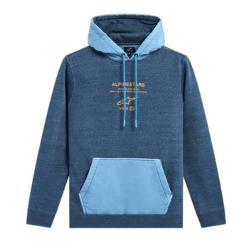 Blue hoodie with front pocket and drawstrings, featuring Alpine Stars branding, ideal for motorsport enthusiasts and racewear fans.