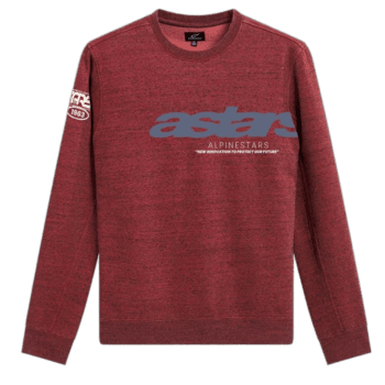 Red Astars Alpinestars racing sweatshirt with logo and sponsor patches, ideal for motorsport enthusiasts.