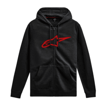 Black zip-up hoodie with red Alpinestars logo, ideal for motorsport enthusiasts and racewear fans.