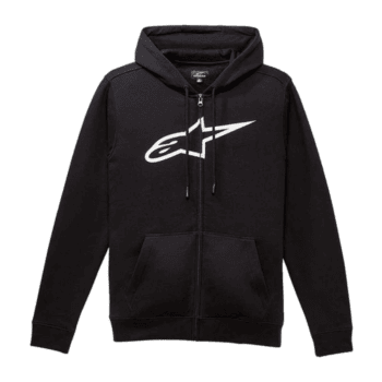 Black zip-up hoodie with Alpinestars logo, suitable for motorsport enthusiasts and racewear fans.