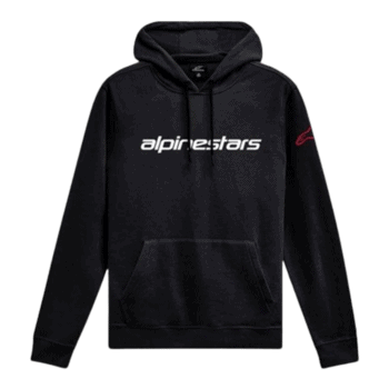 Black Alpinestars hoodie with white logo and red detail on sleeve, ideal for motorsport fans and racewear enthusiasts.