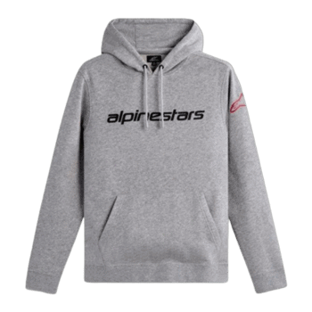 Grey AlpineStars hoodie with black logo and red detail on sleeve, ideal for motorsport enthusiasts and racewear fans.