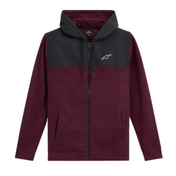 Maroon and black racing hoodie with Alpinestars logo, ideal for motorsport enthusiasts and racewear fans.