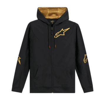 Black Grand Prix Racewear hoodie with gold racing logo and accents, ideal for motorsport enthusiasts and racers.