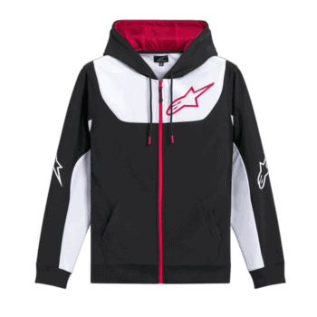 Black and white Alpinestars racing hoodie with red accents, featuring the Alpinestars logo, designed for motorsport enthusiasts and racewear fans.