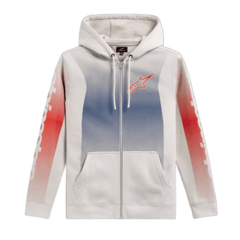 Grand Prix Racewear zip-up hoodie featuring Alpinestars logo and racing-inspired design in white, red, and blue colours.