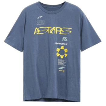 Blue Grand Prix Racewear T-shirt with yellow and white graphics and logos, featuring 'ASTARS' text and racing symbols.