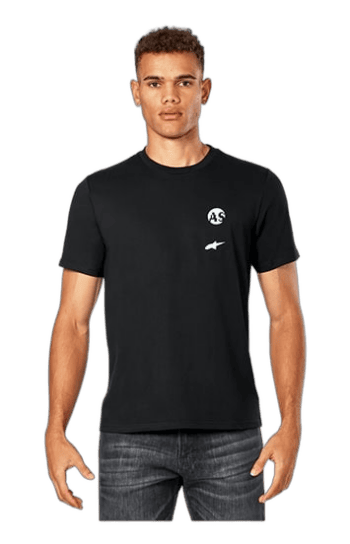 Young male model wearing black Grand Prix Racewear T-shirt with logo, standing against a plain background.