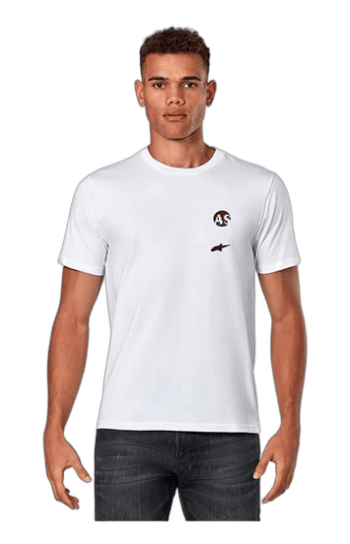 Young man wearing a white Grand Prix Racewear T-shirt with logo, standing confidently against a plain background.