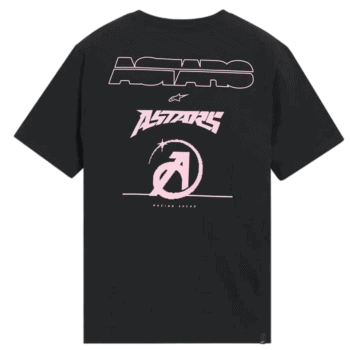 Black T-shirt featuring pink and white graphics and logos related to Grand Prix Racewear and Astars, ideal for motorsport enthusiasts.