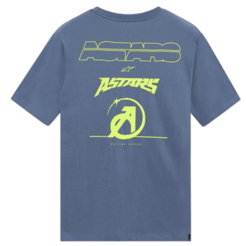 Blue Grand Prix Racewear T-shirt featuring Astars and Aliens logos, designed for motorsport enthusiasts and racers.