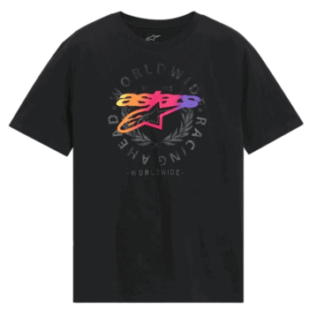 Black T-shirt featuring the Arai logo with a colourful design and 'Worldwide Racing' text, ideal for motorsport enthusiasts.