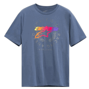 Blue Grand Prix Racewear T-shirt with colourful logo and racing-themed design, ideal for motorsport enthusiasts and fans of racing apparel.