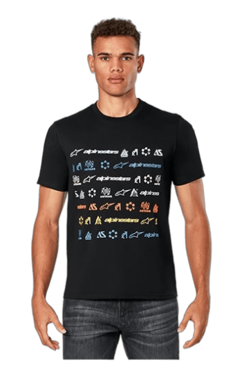 Young man wearing a black Grand Prix Racewear T-shirt with colourful racing-themed graphics, standing against a plain background.