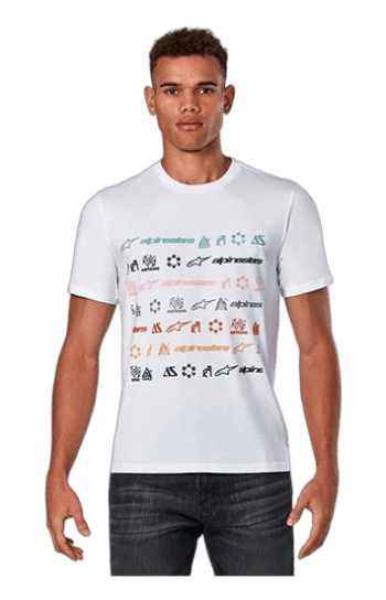Young man wearing a white Grand Prix Racewear T-shirt with various racing car graphics, standing against a plain background.