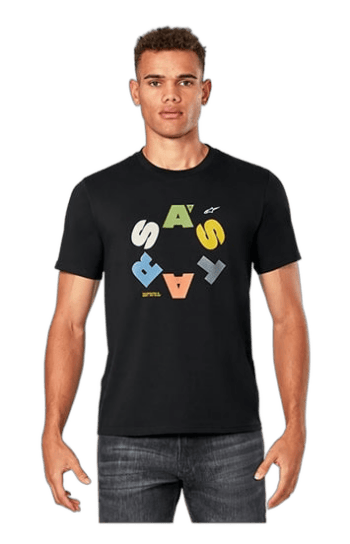 Young man wearing a black Grand Prix Racewear T-shirt with colourful 'RACING' print, standing against a plain background.