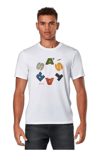 Young man wearing a white Grand Prix Racewear T-shirt with colourful logo design, standing against a plain background.
