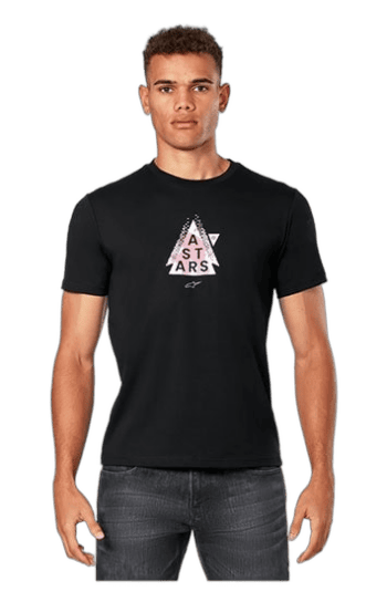 Young man wearing a black Grand Prix Racewear T-shirt with a triangle logo and 'ASTARS' text, standing against a plain background.