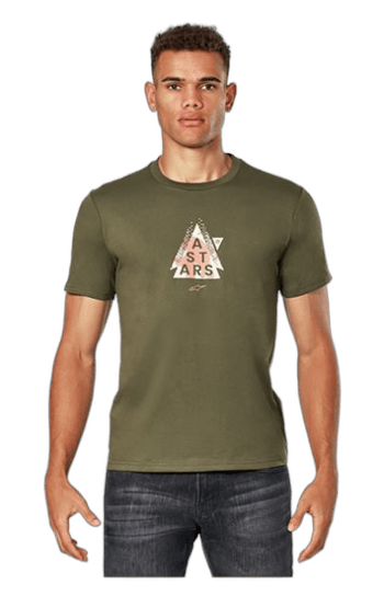 Young man wearing a green Grand Prix Racewear T-shirt with a triangle logo and 'A STARS' text, standing against a plain background.