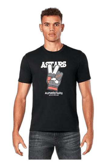 Young man wearing a black Grand Prix Racewear T-shirt with a peace sign and AlpineStars logo, standing against a plain background.