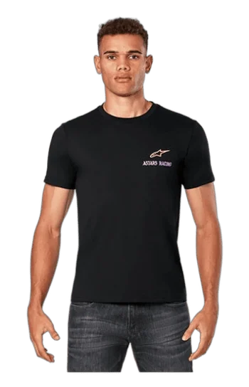 Young man wearing black Grand Prix Racewear T-shirt with Astars Racing logo, standing confidently against a plain background.