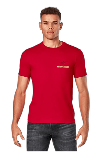 Young male model wearing a red Grand Prix Racewear T-shirt with Astars Racing logo, showcasing motorsport apparel for racing enthusiasts.