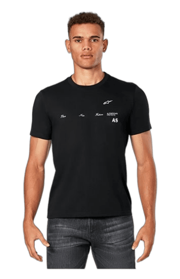 Young man wearing a black Grand Prix Racewear T-shirt with sponsor logos, standing against a plain background.