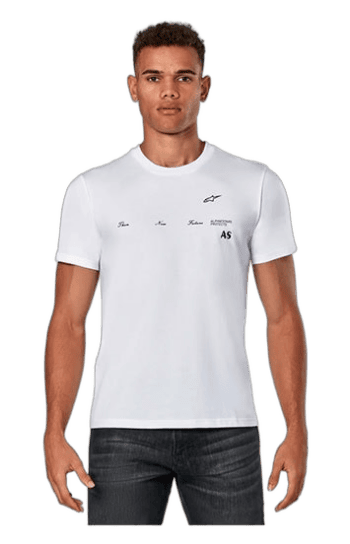 Men's white T-shirt with racing-inspired graphics and logos, ideal for motorsport fans and racewear enthusiasts.
