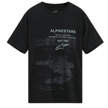 Black Alpinestars T-shirt featuring a graphic design and logo, ideal for motorsport enthusiasts and racewear fans.