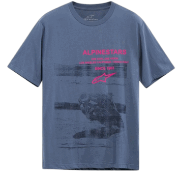 Blue Alpinestars T-shirt featuring a vintage motorcycle racing graphic and pink logo, perfect for motorsport enthusiasts and casual wear.